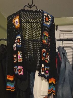 Black Crochet Open-Front Sweater with Colorful Granny Squares